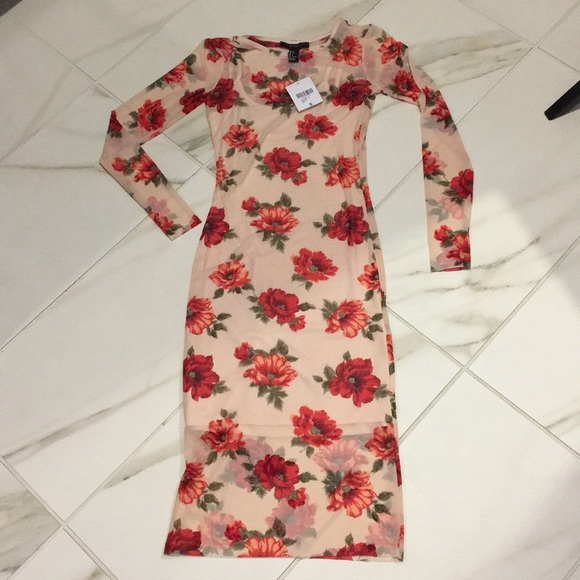 ♦️SOLD♦️Forever 21 Bodycon Floral Mesh Midi Dress - Picture 2 of 7